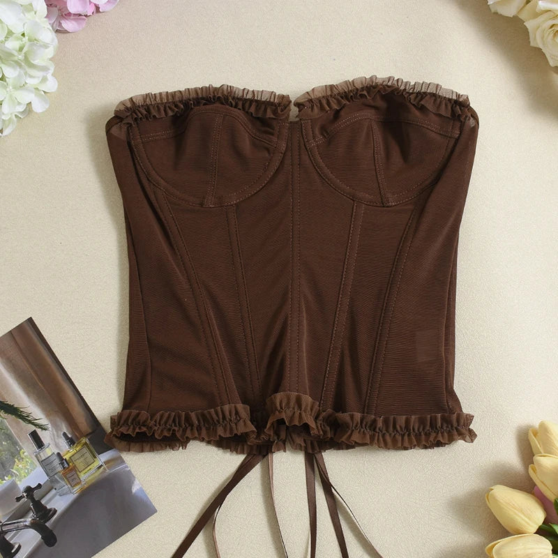 Women Sheer Lingerie Streetwear Lace-up Bustier Corset Tops Slim Backless y2k Tank Top Strapless Striped Sheath Sexy Camisole