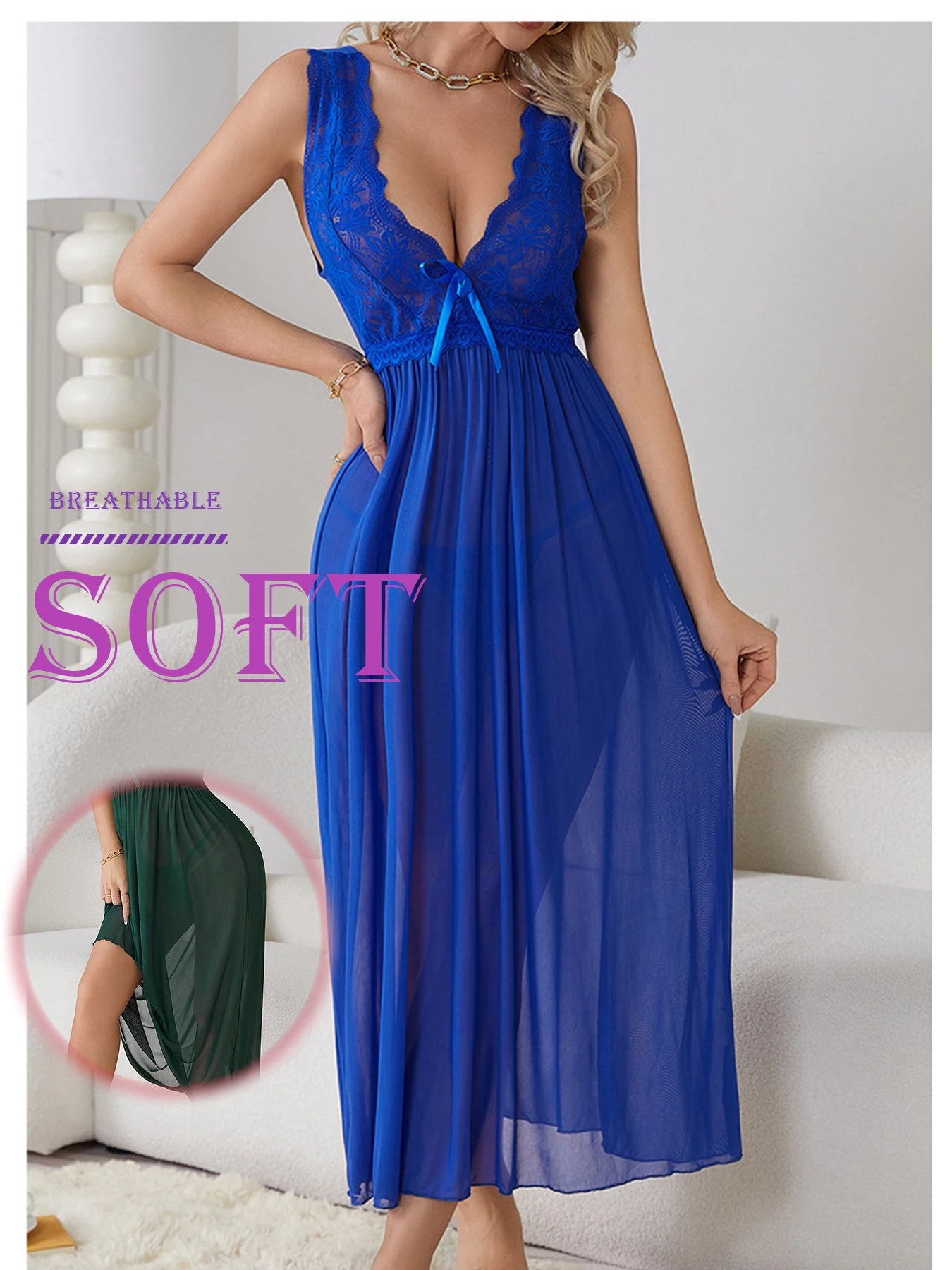 Sexy Women Lingerie Dress Set Lace Splicing Mesh Long Deep V Backless Nightgown Set Homewear All Season