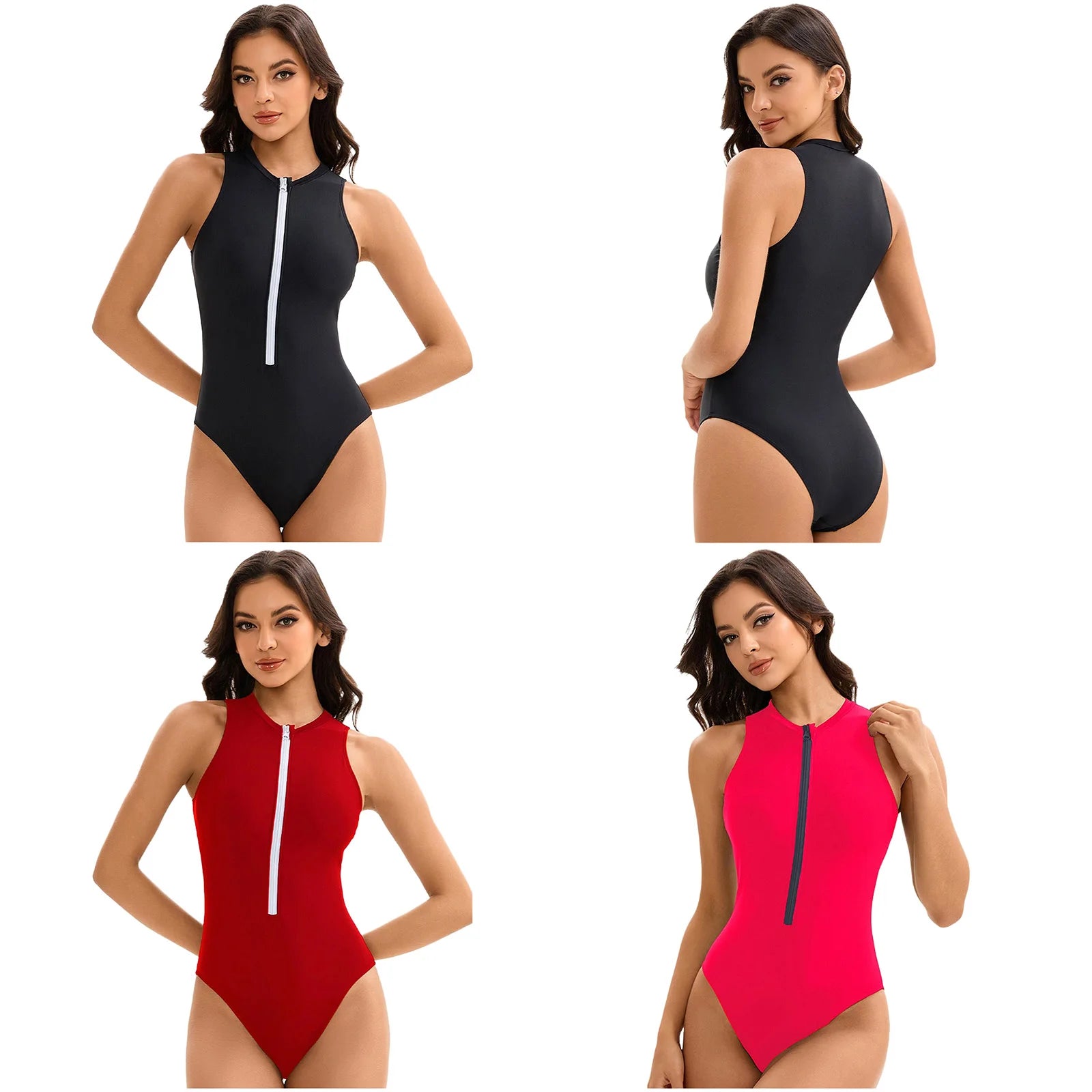 Womens One-piece Athletic Wetsuit Swimsuit Sports Swimwear Swim Costume Solid-color Zipper Closure Beach Swimming Bathing Suit