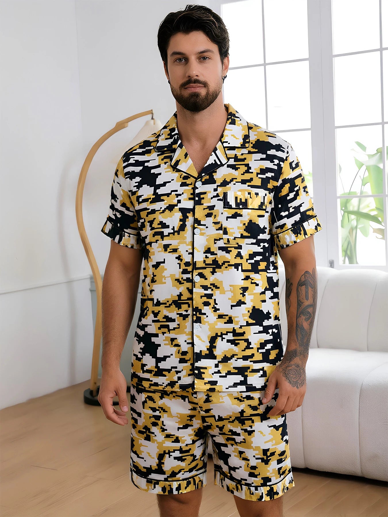 Men's Pj Sets Design Short Sleeve Pajama Set Soft Comfortable Sleepwear for Summer Lightweight Homewear Lougewear
