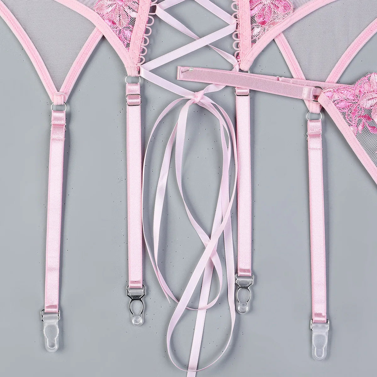 Ellolace Fancy Sexy Lingerie 3-Piece Corset Lace Up Beautiful Bodysuits With Stocking Luxury G-String Pink Intimate Goods 4PCY