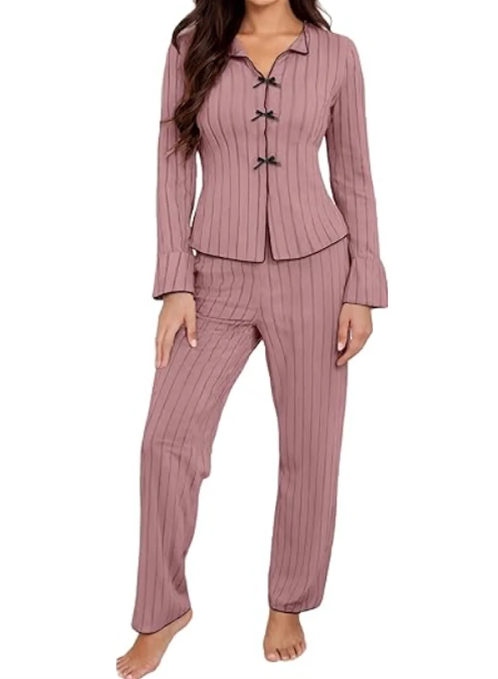 Ribbed Knit Pajama Sets Long Sleeve Lounge Set for Women  Button Top Full Length Pants 2 Piece Fall Casual Outfit Sets