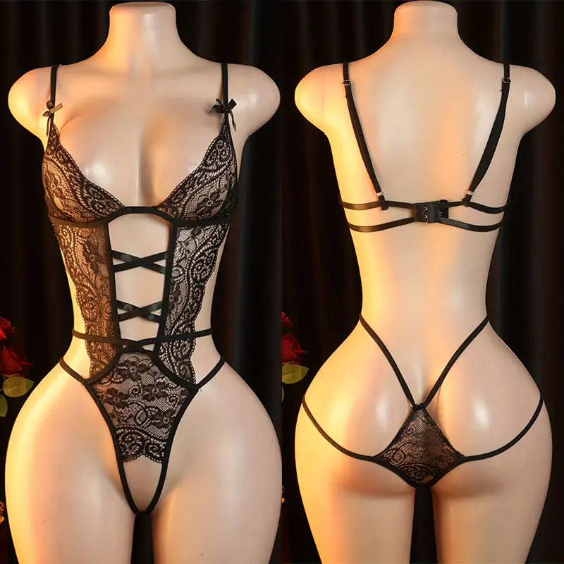 Women Lingerie One-Piece Panties Bra Set Crotchless Erotic Underwear V-Neck Transparent Lace Bodysuit Daring Lencería Ultra Sexy