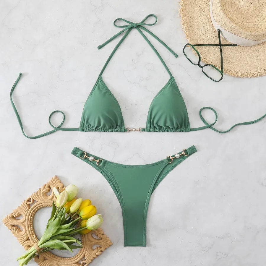 New Two-Piece Bikini Set Sexy Triangle Tie-Up Swimsuit Beach Vacation Swimwear Summer Trendy Top Bottom Beachwear Resort Outfit