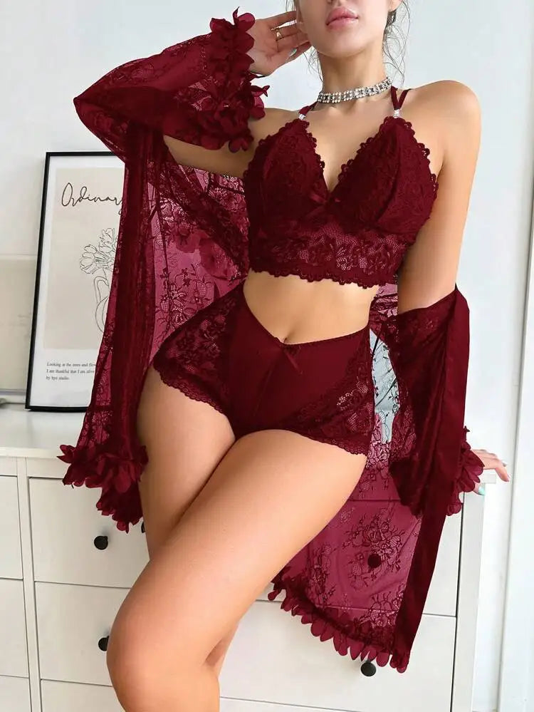 Women Sexy Robe Lingerie Set Lace V-neck Halter Bralette Underwear Suit + Transparent Mesh Bathrobe Nightwear Female Sleepwear