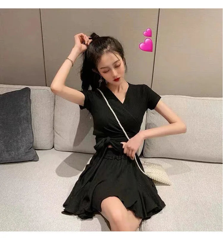 Women'sSwim Set Ribbed V Neck Wrap Crop Top With Tie Waist And Ruffled Flared Skirt Cover Up Modest Summer Bathing Suit Swimwear