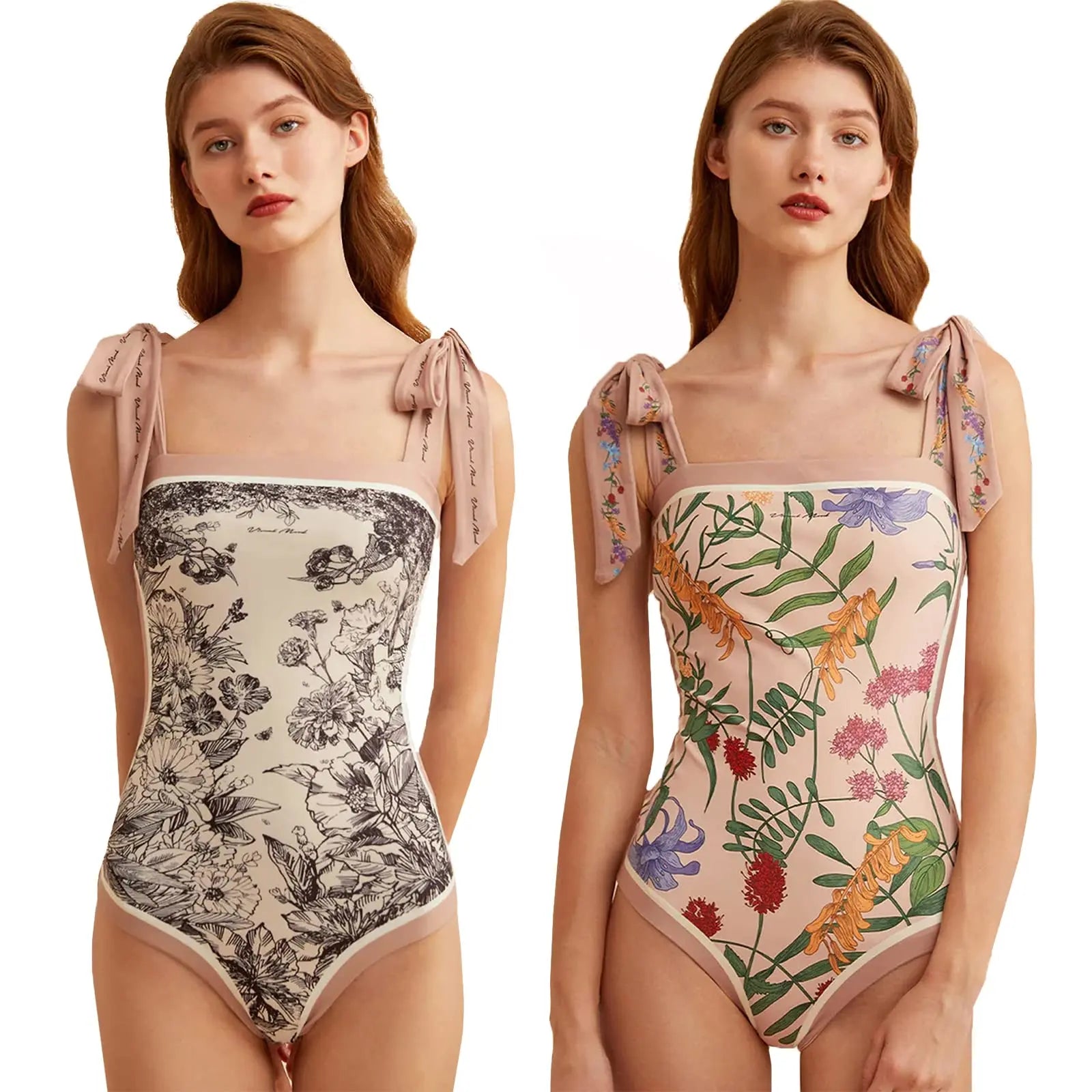 Y2K Fashion Women Floral One Piece Swimsuits Reversible Tie Shoulder Monokini Tummy Control Bathing Suits Square Neck Swimwear