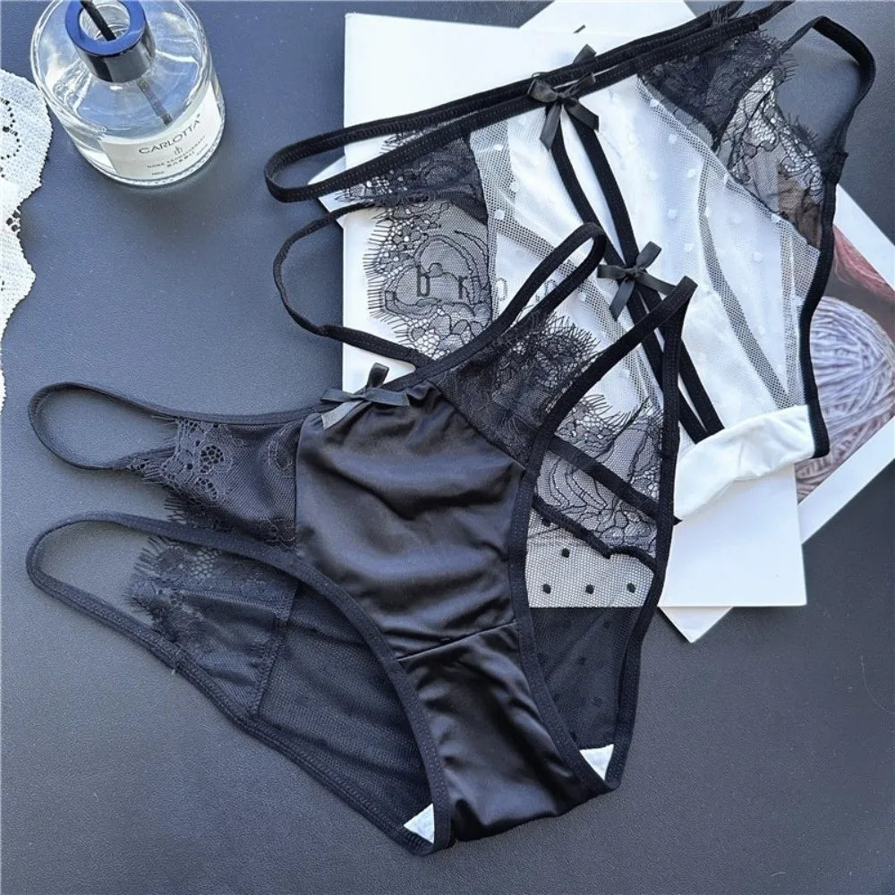 Lingerie Low Waist Underwear for Women Bow Transparent Sweet Lace Panties Hollow Mesh Satin Silk Briefs Girl