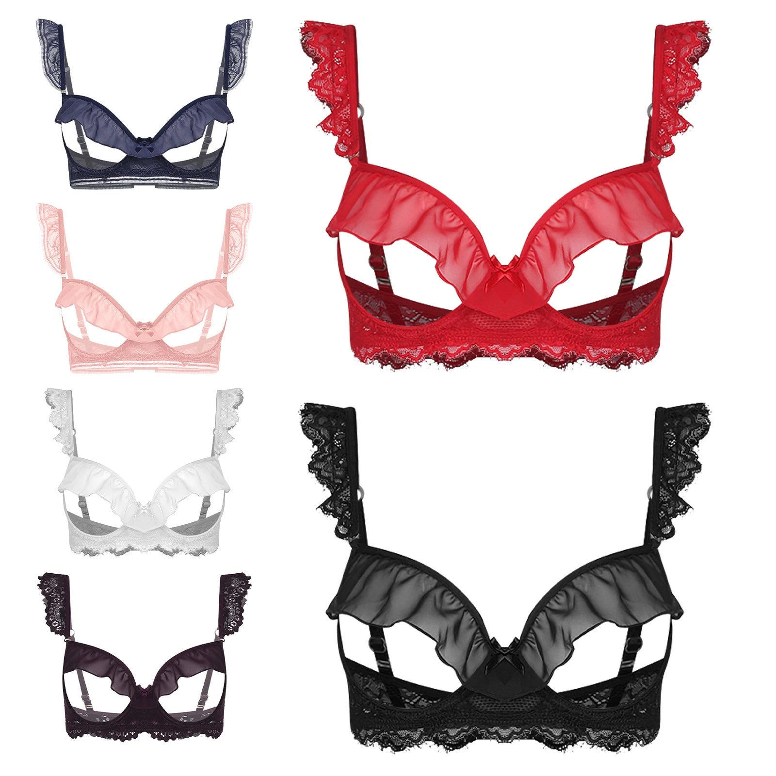Sexy Womens Bare Breast Expose Nipples Bra Top Lingerie Cupless Ruffled Trim Push-up Underwire Eyelash Lace Balconette Bralette