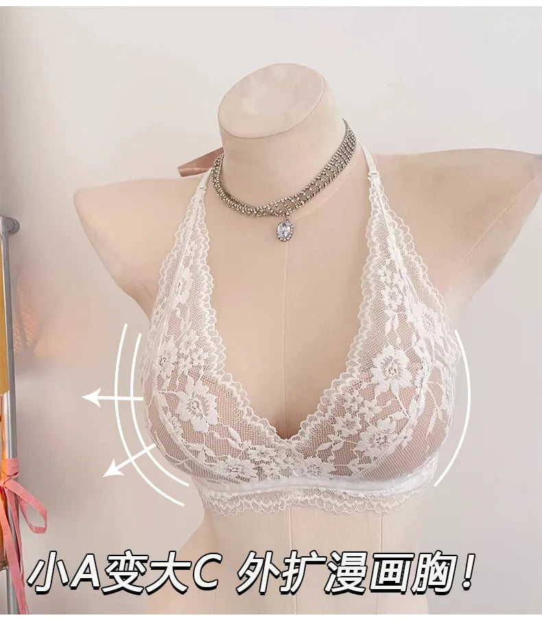 Lace Halter Backless Bra Push Up Small Bust Sexy Pure Desire Back Beauty Women Young Girl Fashion Intimates Underwear New Trend
