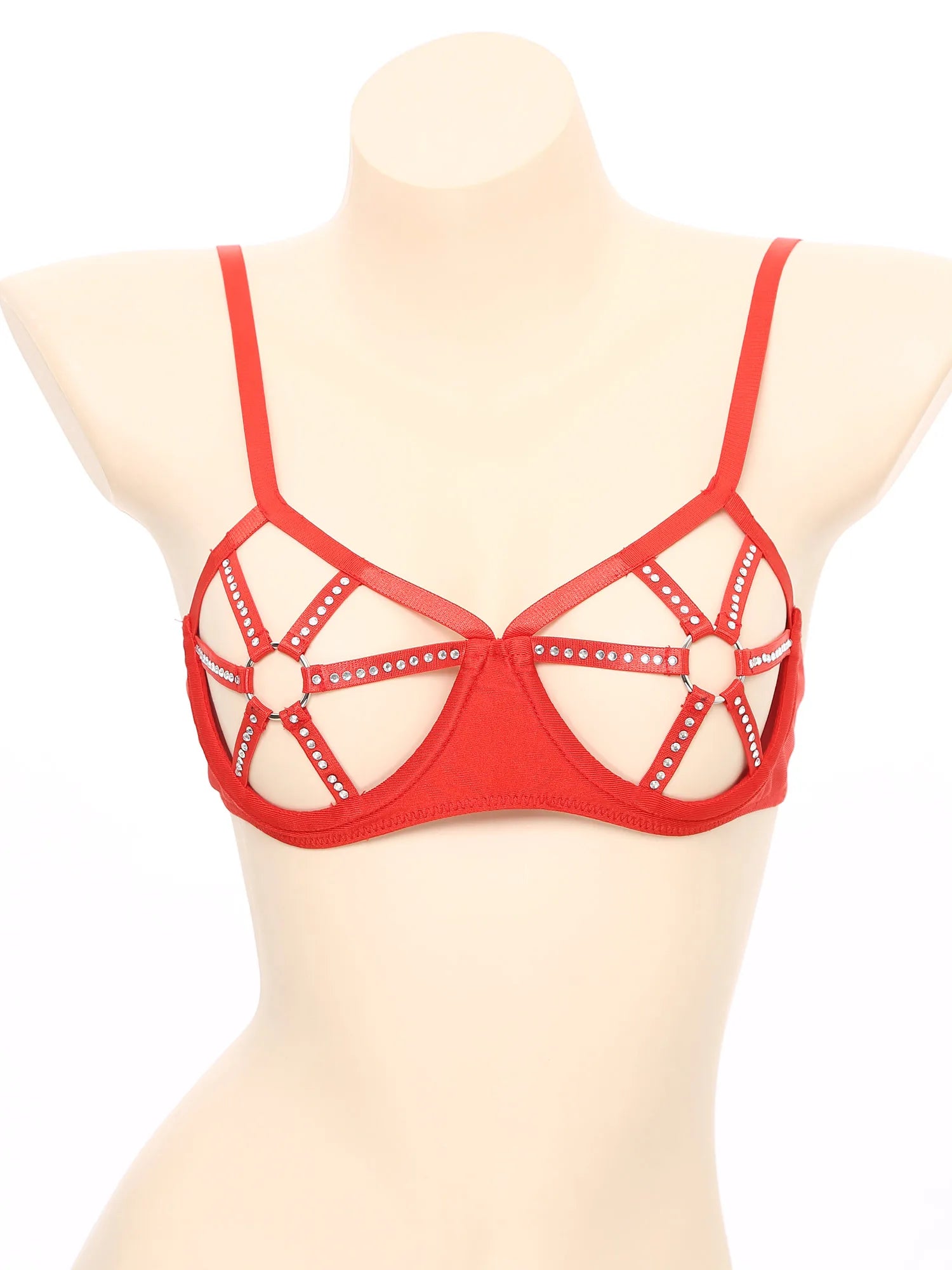 Womens Sexy Lingerie See Through Underwired Bra Balconette Adjustable Straps Shiny Rhinestones O-ring Cutout Cup Push Up Bra Top