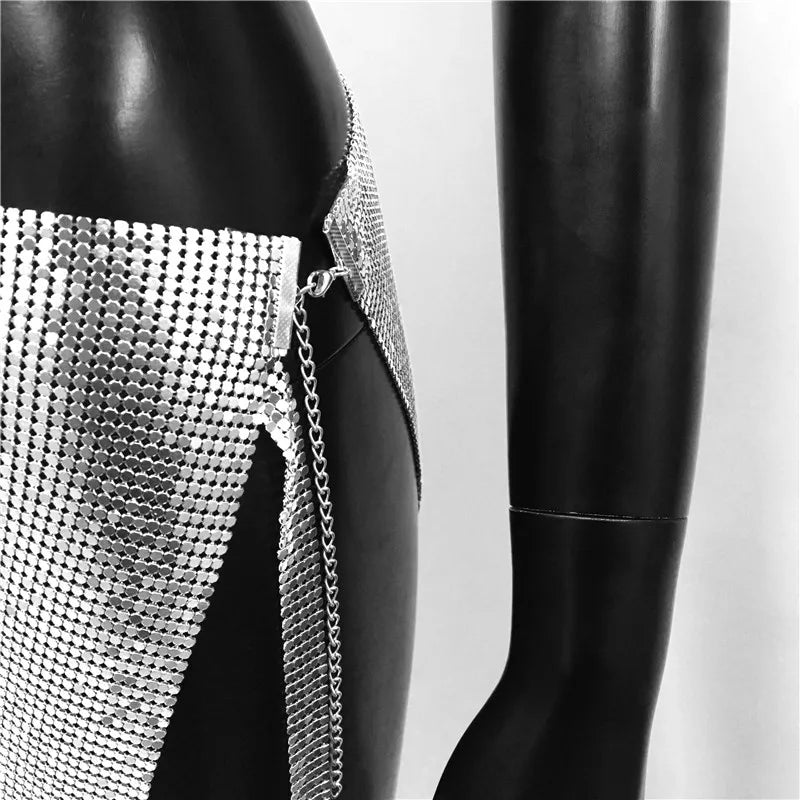 Sexy Metal Sequins 2 Piece Set Women Sleeveless Deep V Neck Backless Halter Tank Tops Split Mini Skirts Beach Party Outfits
