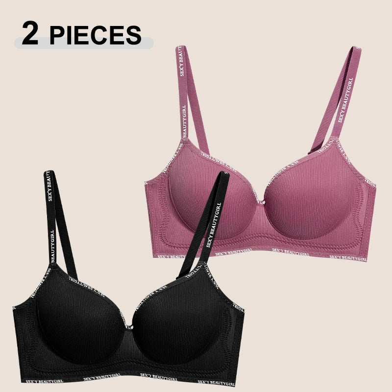 Trendy 2Pcs/Set Women's Seamless Solid Color Bras Sexy Letter Straps Wireless Push Up Underwear New Ladies Deep V Neck Brassiere