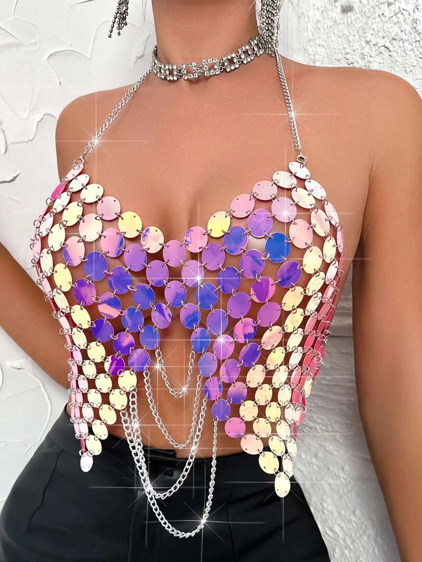 Sexy see through metal sequin corset crop top womens summer beach party halter tank top rave festival outfits cropped y2k Tops