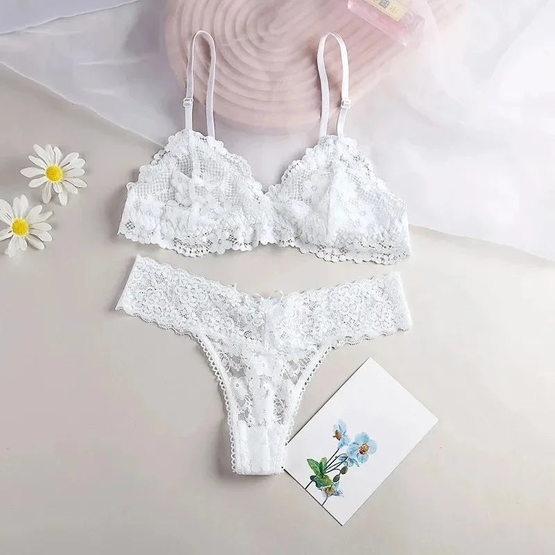 Women Sexy Lace Hollow Bra Suit Seamless Transparent Wire Free Bras Thin G String Panty Lingerie Set Unlined Bralette Set