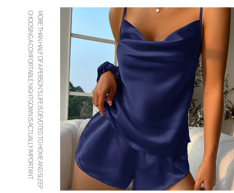 New 2026 Women’s Silk Satin Pajama Set Sexy Lingerie Sleeveless Camisole Tanks with Elastic Waist Sleepwear Loungewear Underwear
