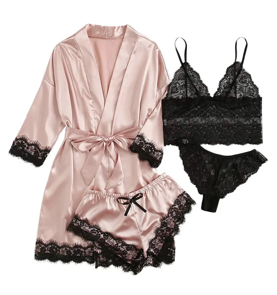 Spring and Autumn Women's Sexy High-quality Lace Camisole Pajamas Soft Comfortable Breathable and Comfortable 4-piece Set