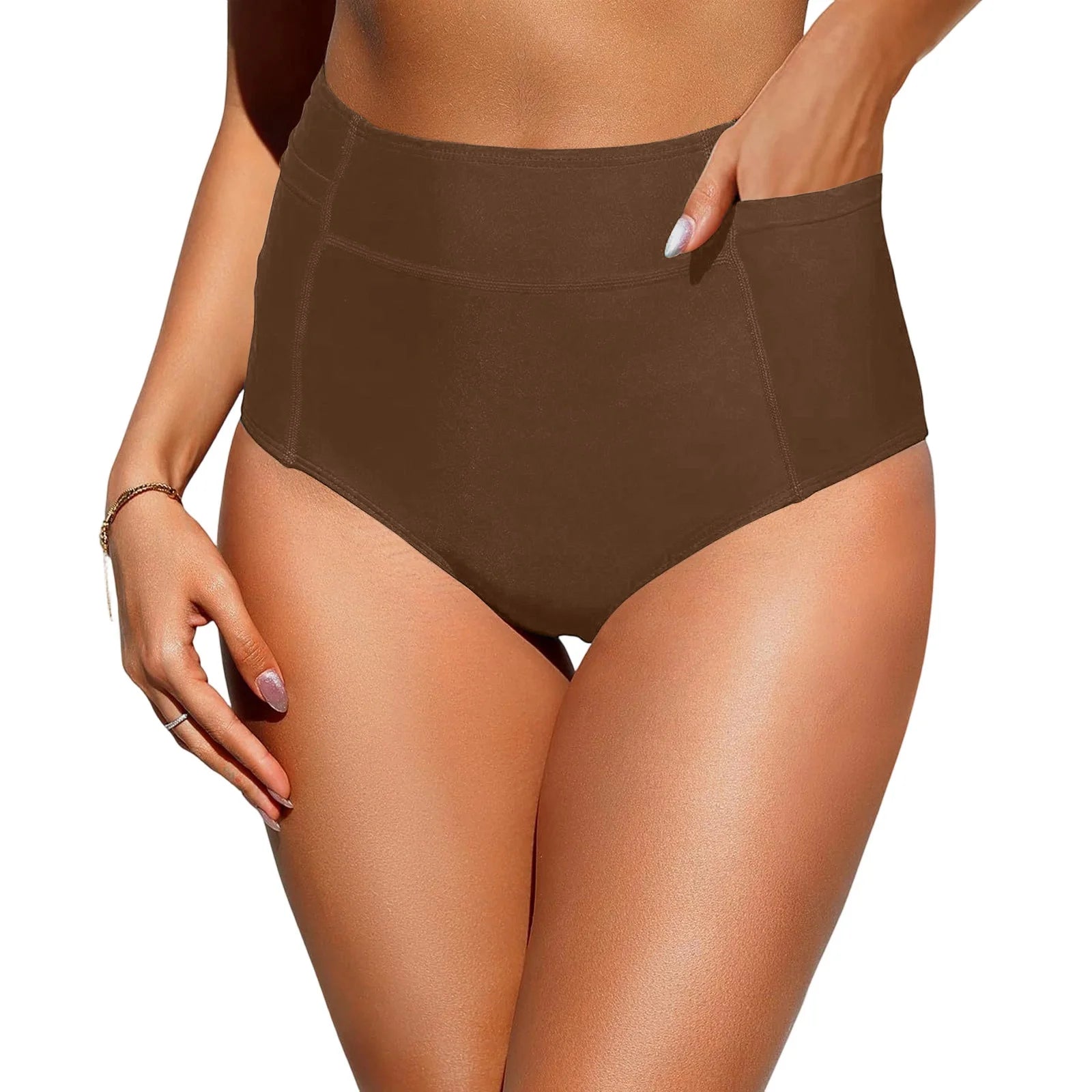 Women's High Waist Swimming Bottoms, Vintage Basic Bikini, Full Coverage Split Swimsuit Briefs, Swimming Trunk with Pockets
