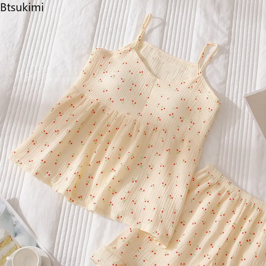 2026Women's Summer Cotton Sleepwear Sets Girl's Camisole Vest with Chest Cushion Shorts Cute Floral Two-piece Home Suit Set 2PCS