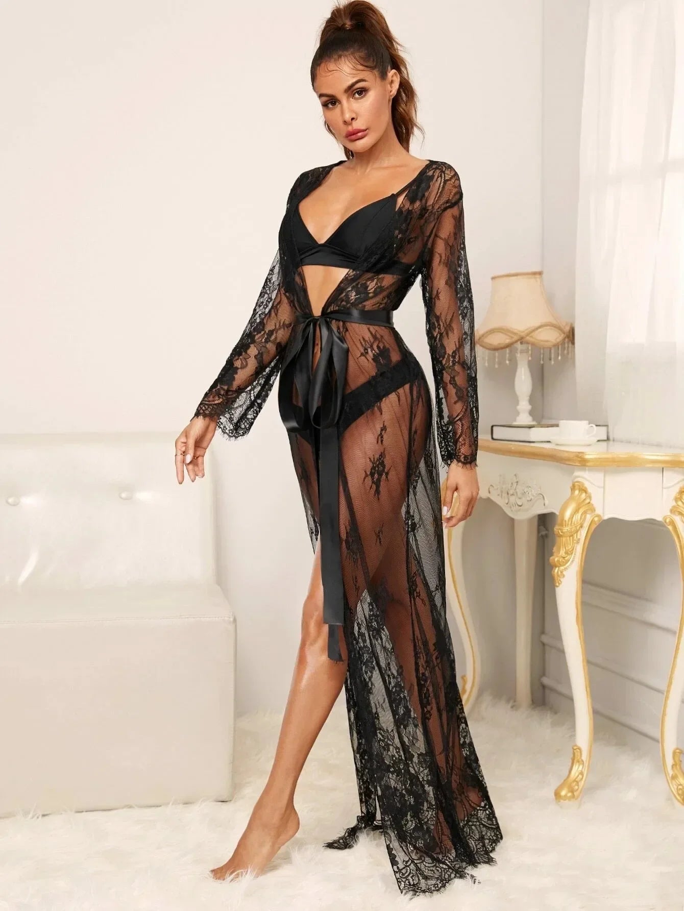 Temptation Perspective Lace Long Robe Nightgown Intimate Lingerie Sexy Mesh Kimono Bathrobe Gown Loose Casual Home Dress Pajama