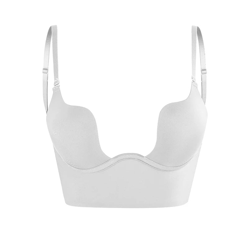 Seam-free Womens Low Cut Plunge Bra Wire Lifting Deep U Shaped Multi-Way Push Up Convertible Plunge Backless Sexy Bra