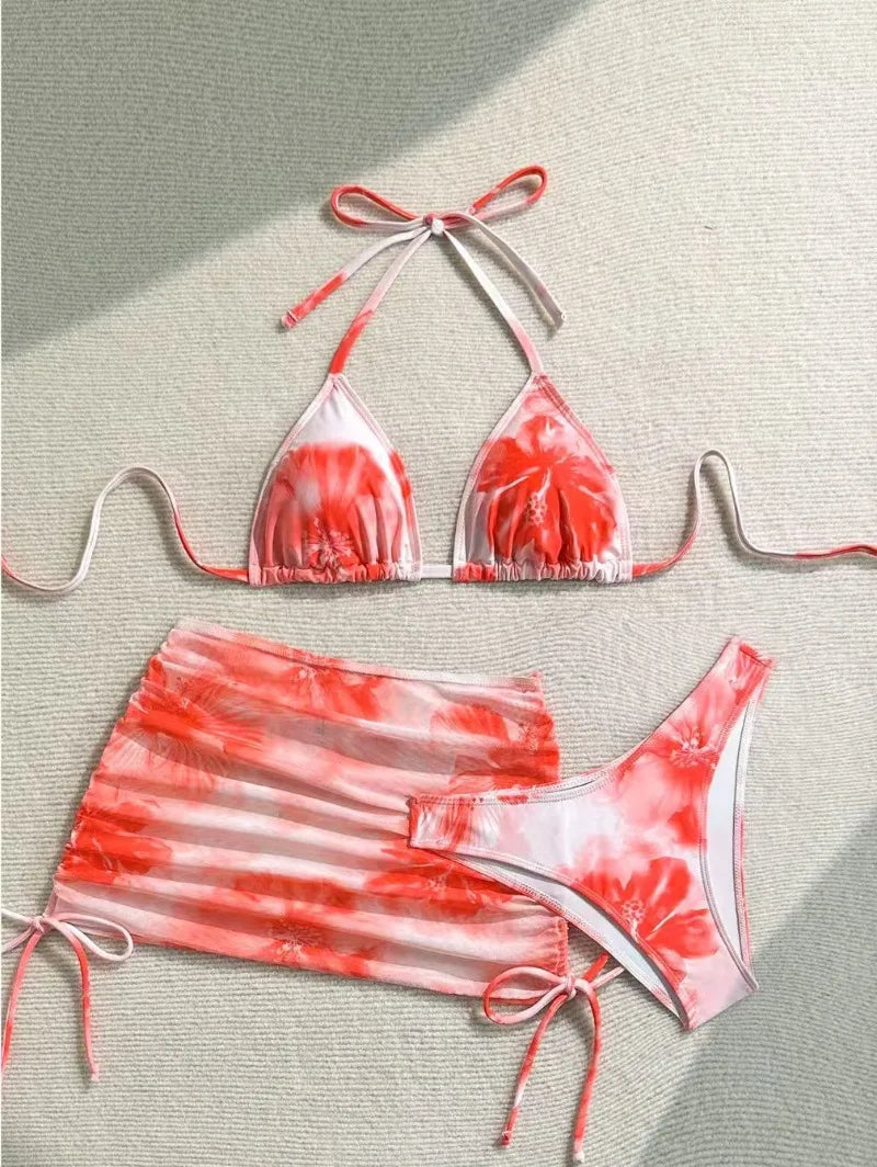 Sexy 3 Piece Bikini Set Women Printed Split Swimsuit Neck Strap Bathing Suit with Cover Up Skirt Swimwear Biquine Brasileiro
