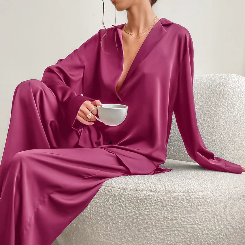 Two Pieces Women Pajama Sets Single Breasted Blouses Lounge Full Sleeve Spliced Straight Pants Casual Solid Lady Sleepwear