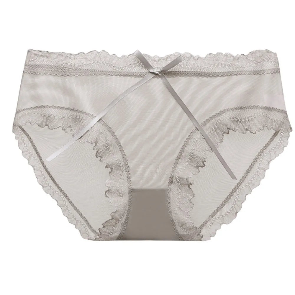 Lingerie Low Waist Lace Panties Ice Silk Cotton Crotch Mesh Briefs Bow Underwear for Women Summer