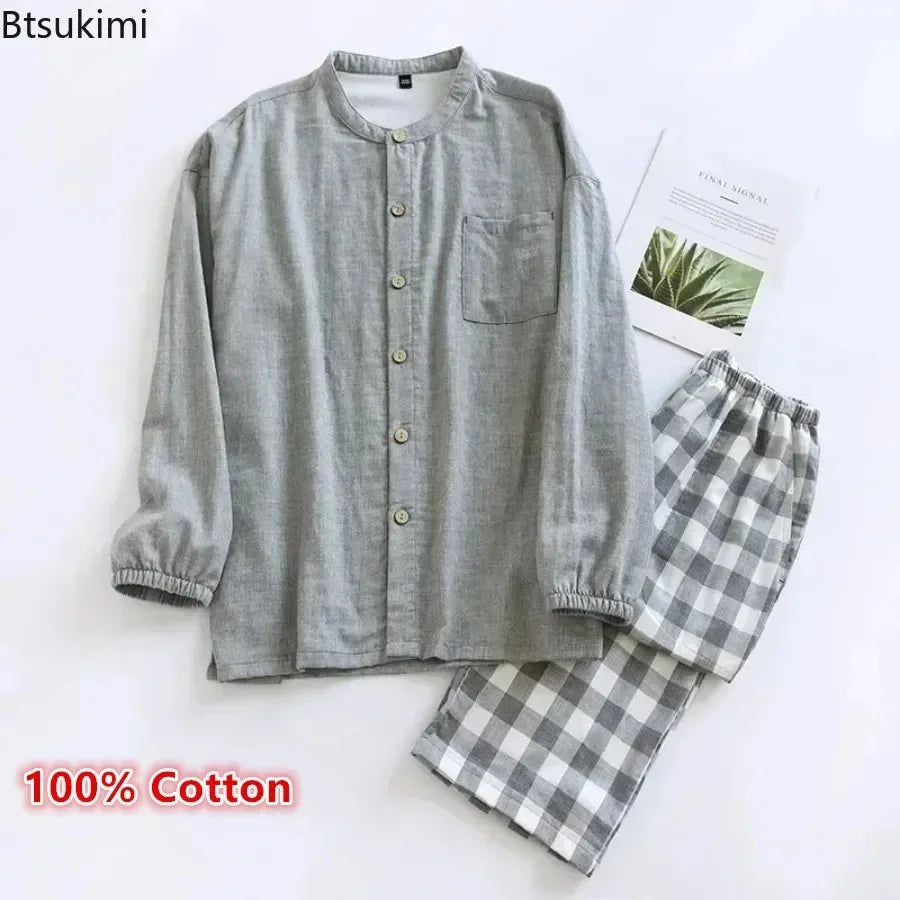 2026 Japanese Style Men's Cotton Pajama Sets Plaid Long Sleeve Trousers Sleepwear Sets Men Double-layer Cotton Homewear Lounge