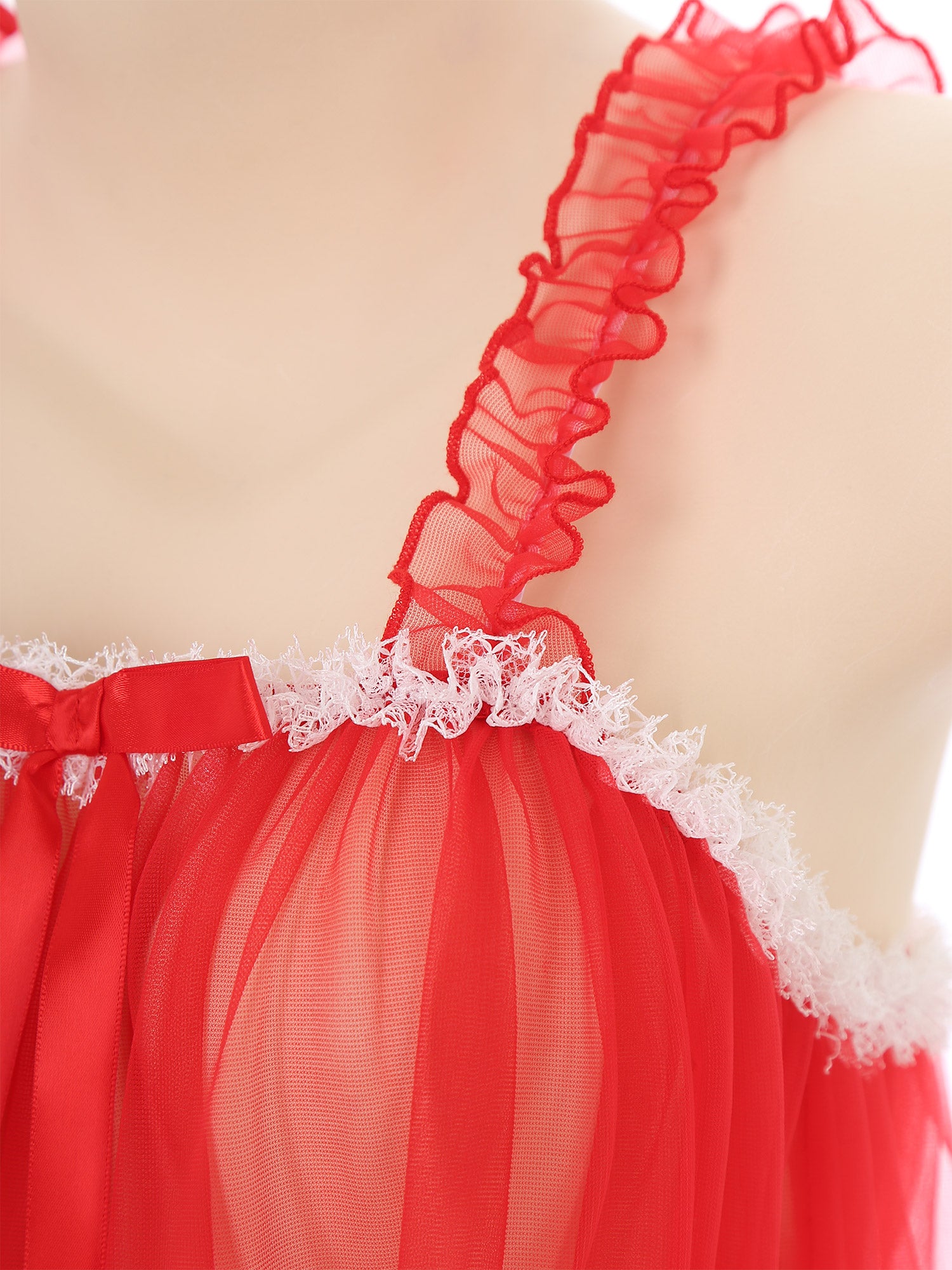 Womens Sexy See-Through Babydolls Sheer Mesh Top Ruffle Straps Bow Lace Trim Camisole Tops Lingerie Tempting Nightwear Clubwear