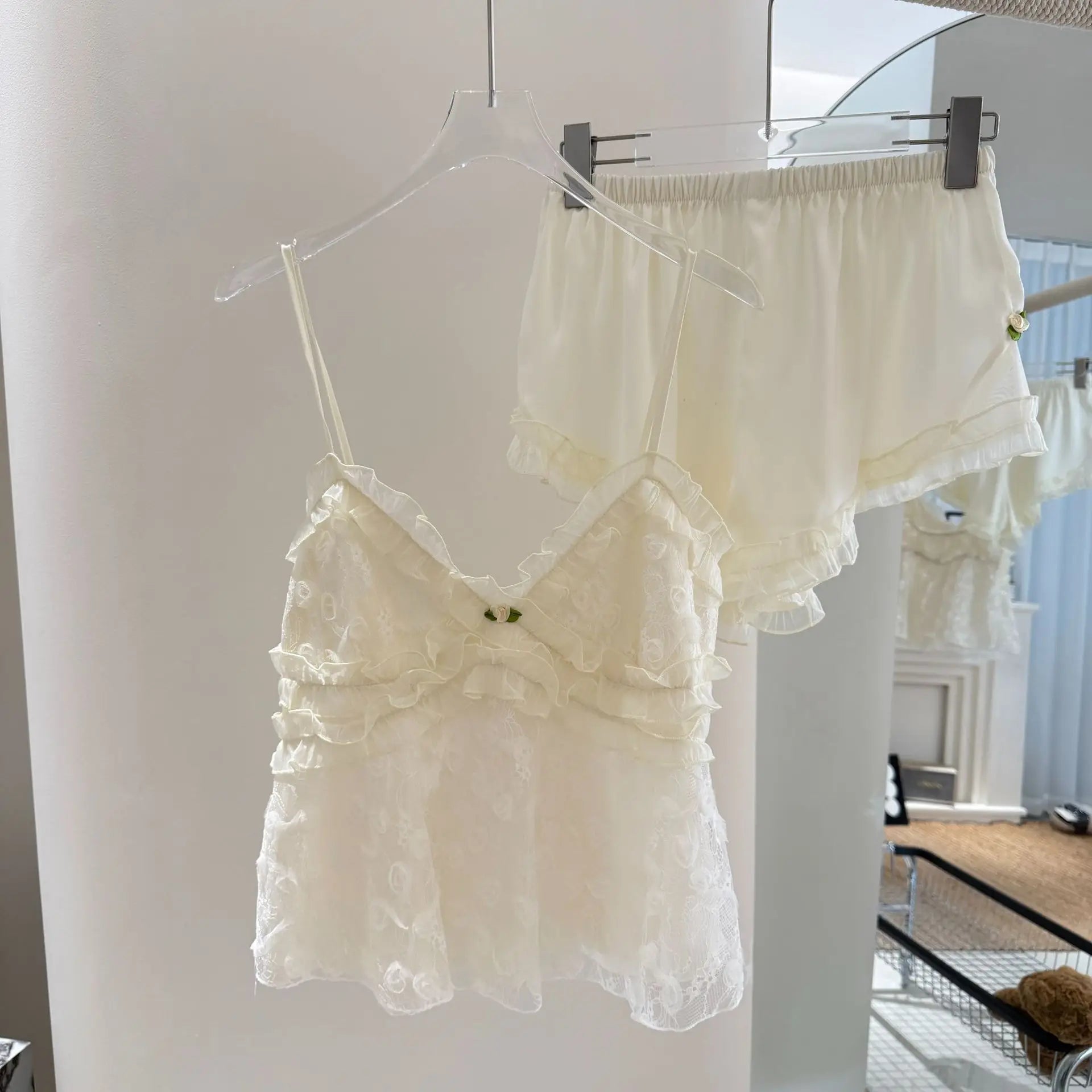 Sexy Perspective Lace Suspender Pajamas Set Intimate Lingerie Summer Women Sleepwear Loungewear Silky Satin Pyjama Homewear