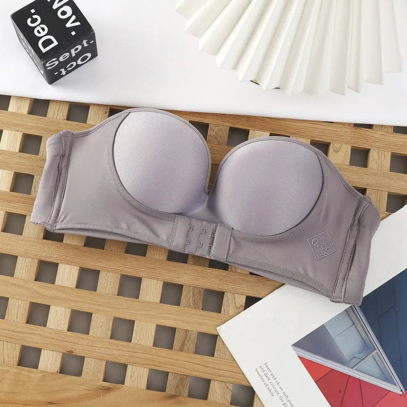 Strapless Non Slip Invisible Bra for Women Front Closure Adjustable Push Up Bra Bralette with Breathable Gather Backless Bra