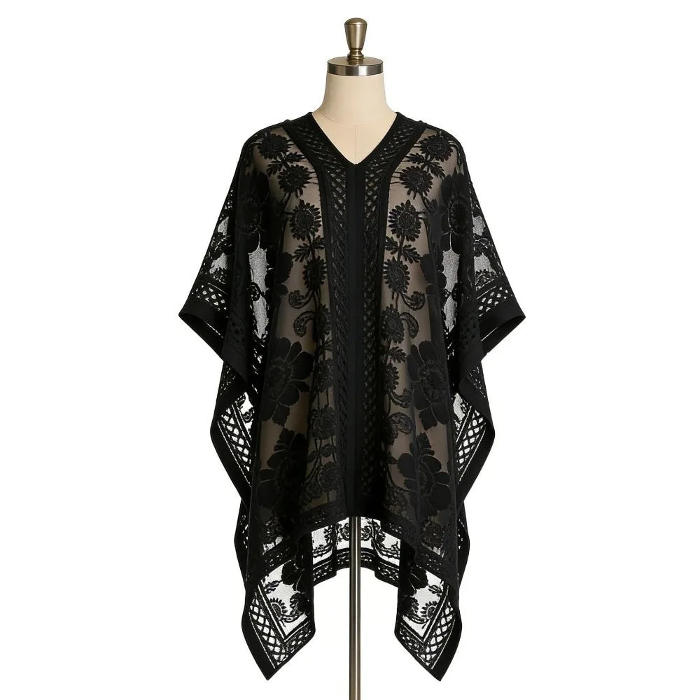 Breathable Lace Mesh Sunscreen Beach Cover Up Plus Size Casual Bohemian Shawl Transparent Floral Swimsuit Cover Up Vacation