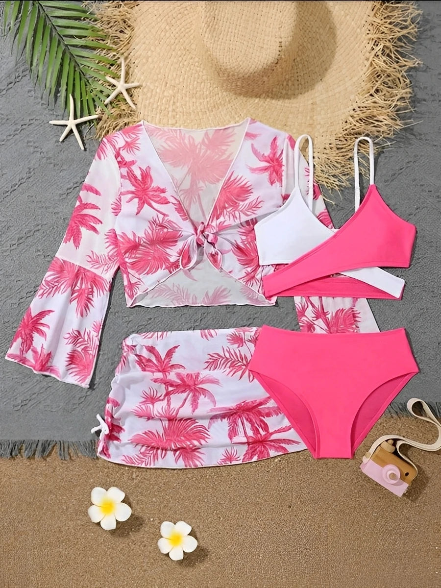4 Pieces Bikini Top & Skirt 2026 Girls Swimsuit Kids High Waist Swimwear Children Bathers Bathing Swimming Swim Suit Beachwear
