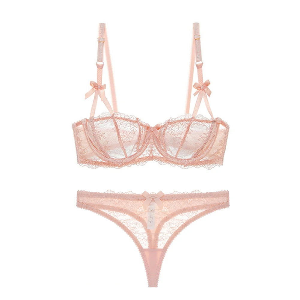 Varsbaby Women's Sexy Lace Transparent 1/2 Cup Lingerie Set Unlined Bras+Thongs Bra Set ABCD Cup