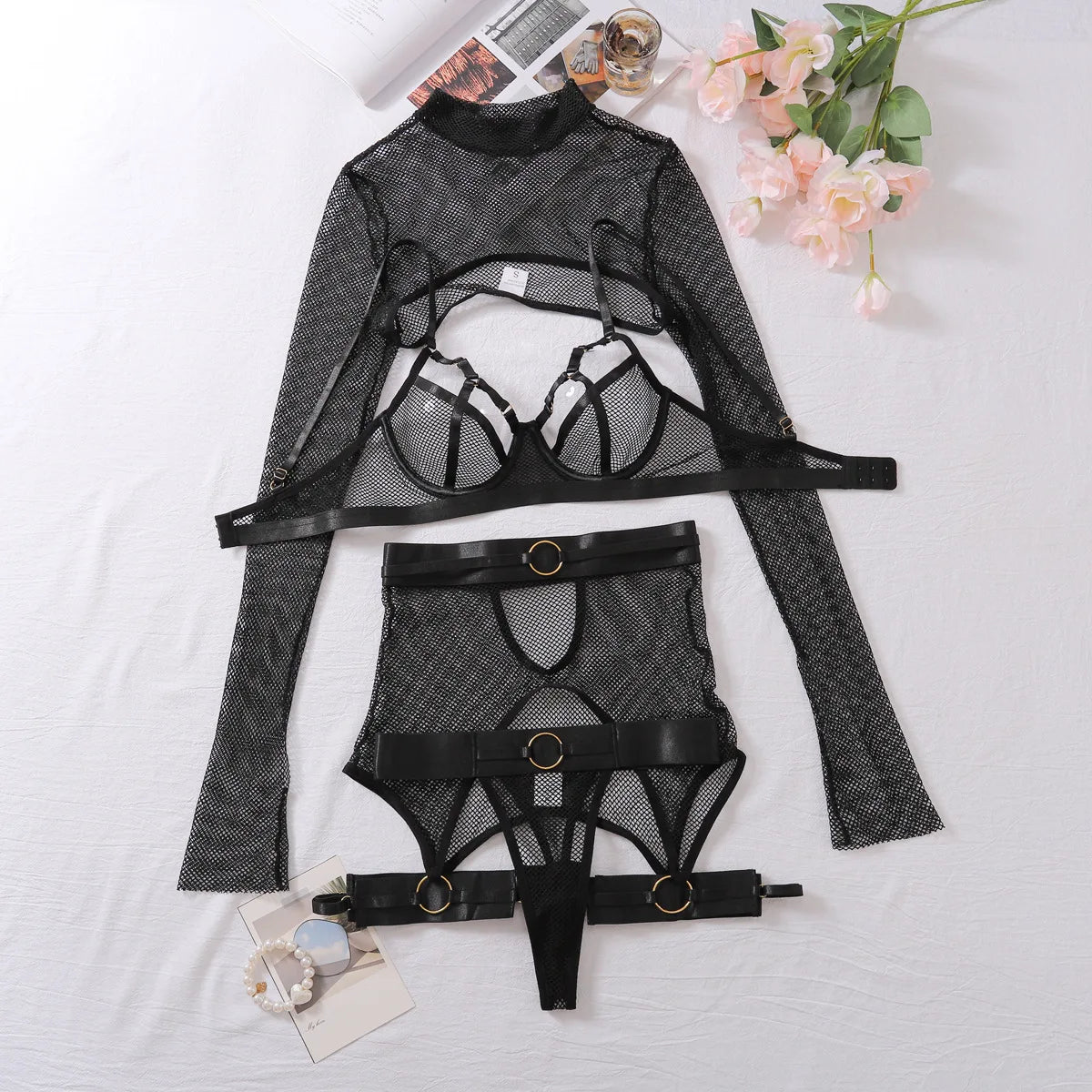 Women Lingerie Set Sheer Mesh Long Sleeve Sexy Top Transparent Bra Ruffle Skirt Erotic Costume Exotic Underwear Bodysuit