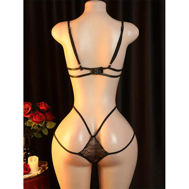 Women Lingerie One-Piece Panties Bra Set Crotchless Erotic Underwear V-Neck Transparent Lace Bodysuit Daring Lencería Ultra Sexy