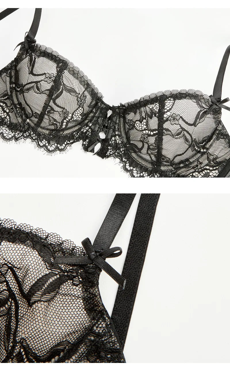 Women Sexy Bra See Through Lace Lingerie Bow Lace Embroidery Underwear Daily Female Bra