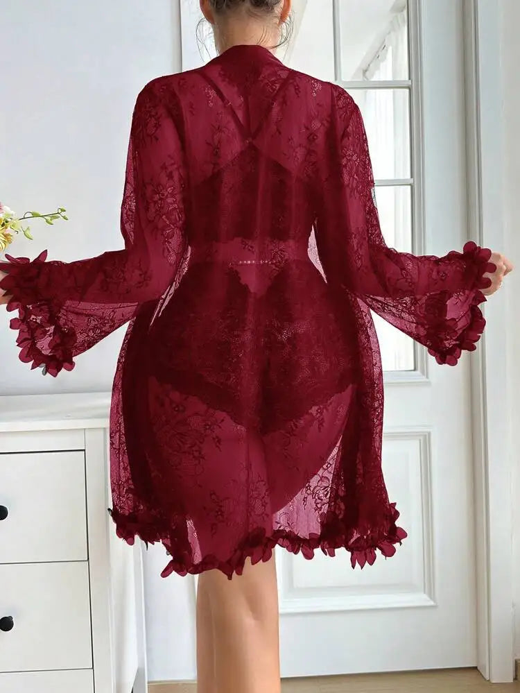 Women Sexy Robe Lingerie Set Lace V-neck Halter Bralette Underwear Suit + Transparent Mesh Bathrobe Nightwear Female Sleepwear