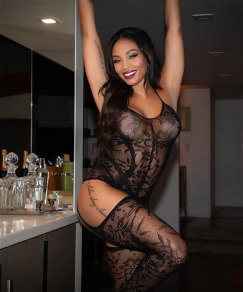 Womens Sexy Costumes Suit Lace Fishnet Bodystocking Attached Stockings Sexy Lingerie Crotchless Bodysuit  Babydoll Outfits Club