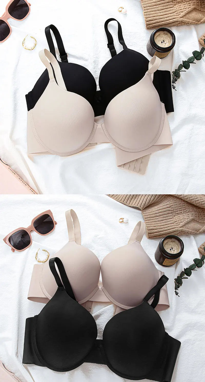 2Pcs/Set Comfortable Adjustable Push Up Bra Shockproof Lingerie Wireless Deep V Bra Anti-sagging Brassiere for Women Summer Bras