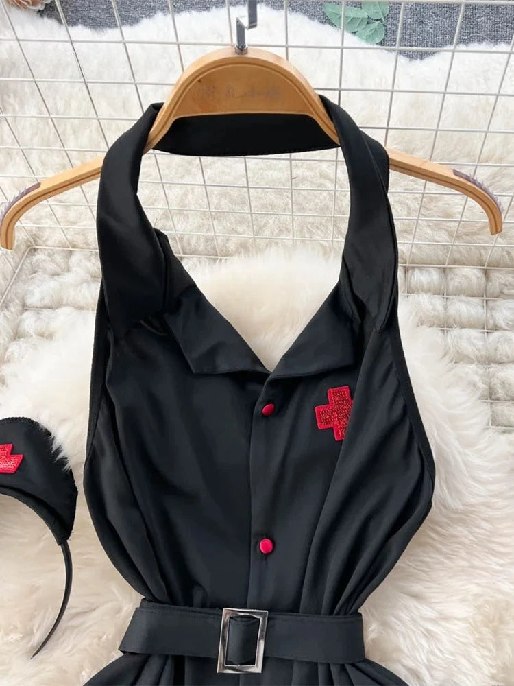 Erotic Fashion Sexy Halter Lingerie Dress Summer V Neck Vintage Belt Slim Lingerie Women Backless Sexuality Club Lingerie Sets