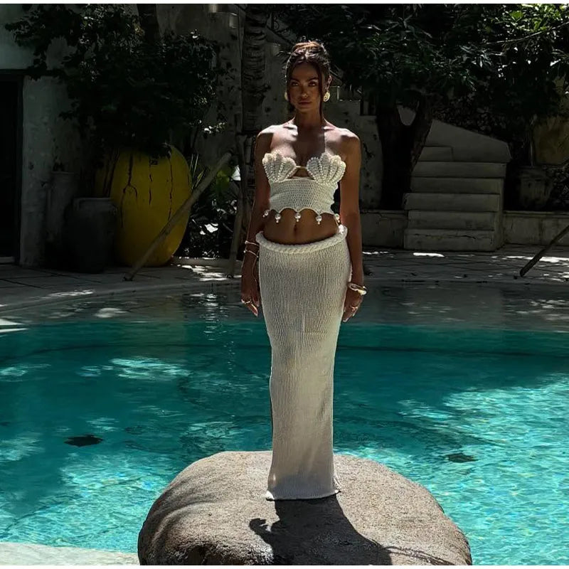 Sexy Crochet Hollow Out Pearl Skirt Set Women White Crop Bikini Tops Slim Hip Package Skirts 2026 Spring Lady Beach Outfits New