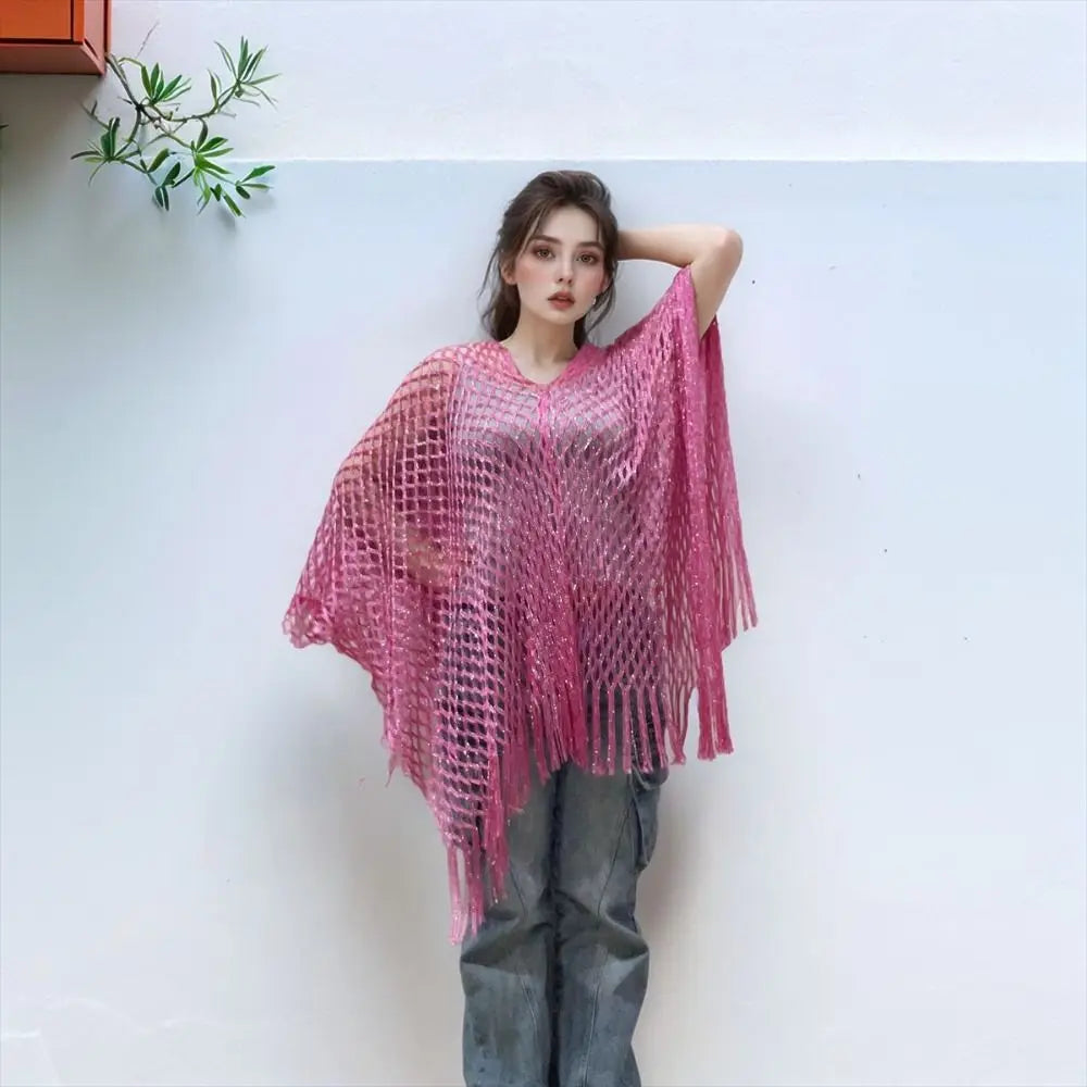 Fashion Tassel Sunscreen Cover-up Loose Fit Plus Size Bohemian Shawl Casual Crochet Fishnet Swimsuit Cover Up Summer