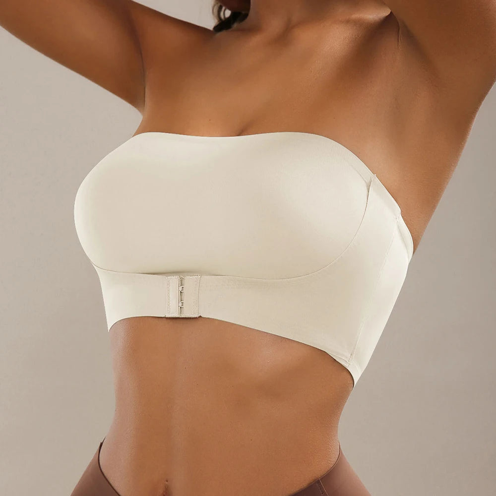 Women's Strapless Push Up Bra Sexy Seamless No Padding Front Button Bra Comfortable Smooth Backless Non Slip Unlied Brassiere