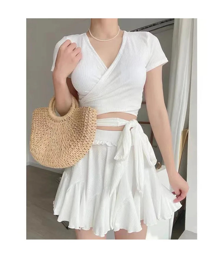 Women'sSwim Set Ribbed V Neck Wrap Crop Top With Tie Waist And Ruffled Flared Skirt Cover Up Modest Summer Bathing Suit Swimwear