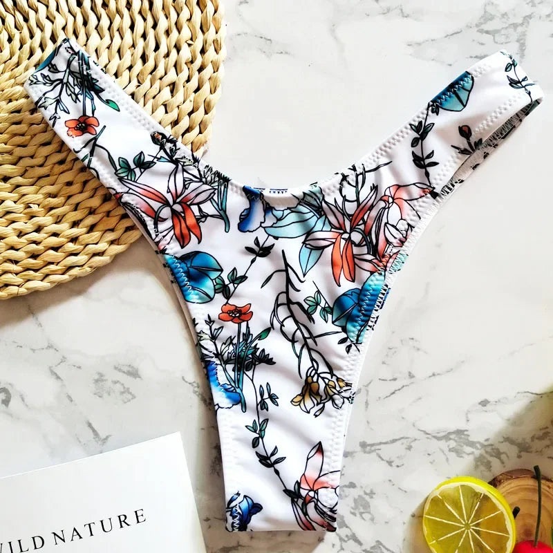 New Floral Print Brazilian Bikini Bottom Women's Swimwear High Waisted Sexy V Thong Swimsuit Bathing Suit Women Swimwear Women