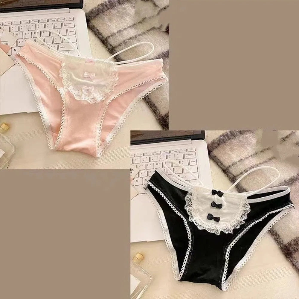 Lingerie Bow Lace Flower Panties Seamless Mid Waist Lace Mesh Briefs Hollow Transparent French Style Briefs Girl