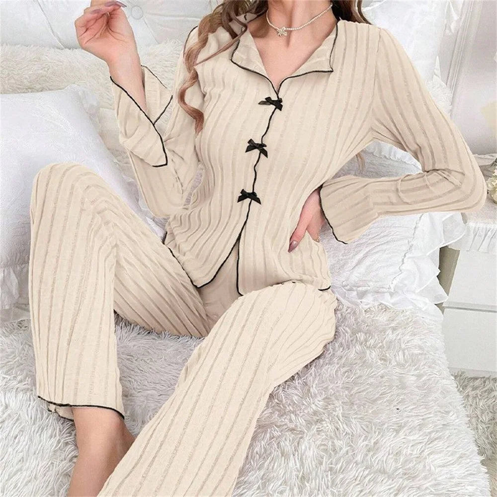 Ribbed Knit Pajama Sets Long Sleeve Lounge Set for Women  Button Top Full Length Pants 2 Piece Fall Casual Outfit Sets