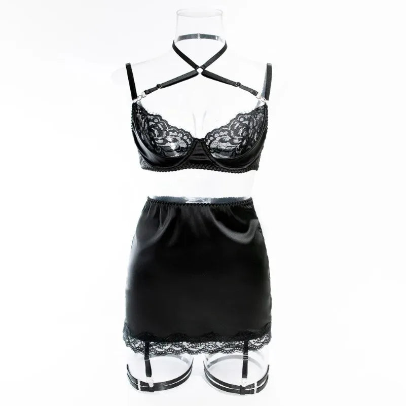 4 Pieces Sexy Lingerie Sets Women Hot Halter Lace Bra and Panty Garters Mini Skirt Set Sissy Erotic Costumes Romantic Underwear